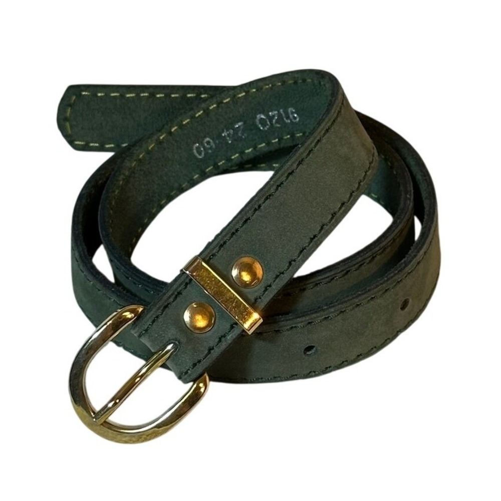 Vtg Lucienne Made in France Dark Green Leather Slim Belt Gold Buckle Size 24-28